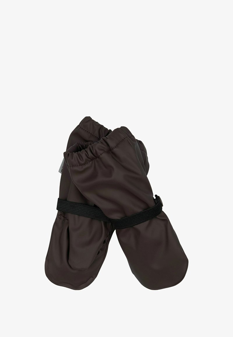 Tumepruunid veekindlad labakindad elastsete randmeosade ja mustade reguleeritavate rihmadega, mis on mõeldud välistingimustes kasutamiseks.