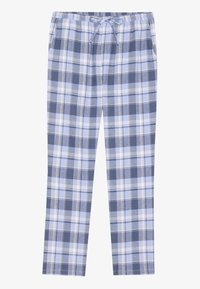 Kockované pyžamo v svetlom modrom, tmavom modrom a bielom, s elastickým pásom a šnúrkou. Mäkko, bavlnený materiál.