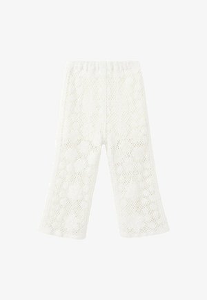 Witte kanten broek met wijde pijpen en elastische tailleband, met een bloemmotief en semi-transparante stof.