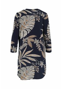 Granatowa tunika z rękawami o długości trzech czwartych, zdobiona kwiatowym wzorem w białych i złotych dodatkach. Miękka tkanina, luźny krój, zaokrąglony dół.