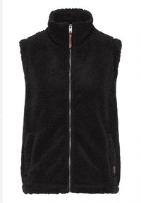 Zwarte fleece vest met hoge kraag, ritssluiting aan de voorkant en zijzakken. Kenmerkt zich door een zachte, pluche textuur en heeft geen mouwen.