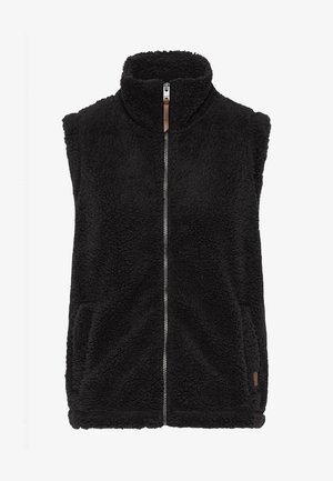 Fekete bolyhos mellény magas gallérral, cipzárral az elülső részen és oldalsó zsebekkel. Puha, plüss textúrával rendelkezik és ujjatlan.