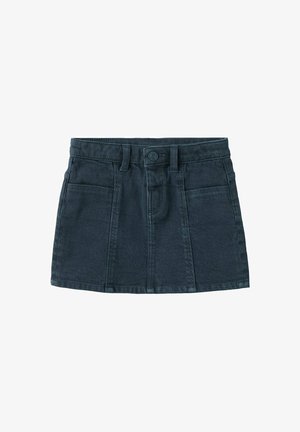 Mørkeblå denim mininederdel med forreste knapper, bæltestropper, to forlommer og vertikale sømdetaljer.
