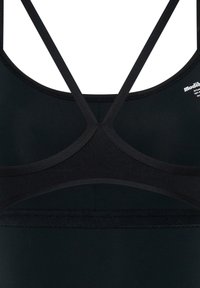 Soutien-gorge de sport noir avec un design dos nageur, plusieurs brides entrecroisées, texture lisse et un détail à bord festonné sur la bande.