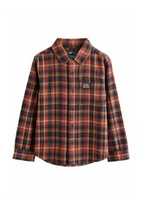 Langærmet flannel skjorte i orange, marineblå og cremefarvet tern. Har en knap-ned krave, enkelt brystlomme og buet kant.