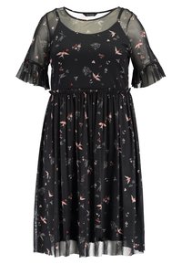 Svart knälång klänning med rosa fågel- och blommönster, genomskinliga volangärmar i armens längd och samlad midja.