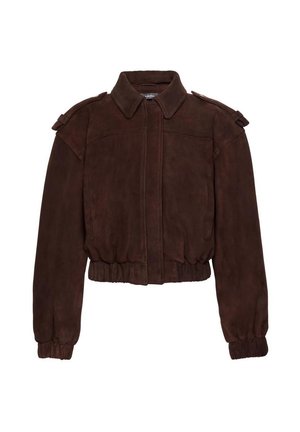 Geacă bomber din piele întoarsă maro închis, cu manșete elastice și tiv, bretele pe umeri și guler pliat.