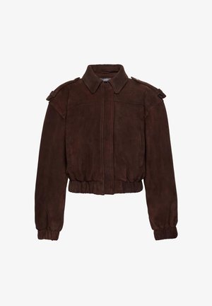 Geacă bomber din piele întoarsă maro închis, cu manșete elastice și tiv, bretele pe umeri și guler pliat.