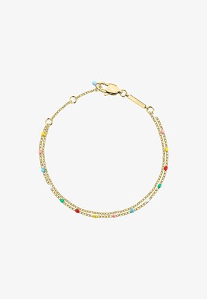 Guldbelagt kædearmbånd med to strenge og farverige perler i rød, gul, grøn, blå og hvid. Sikker lukning med krabbe-lås.