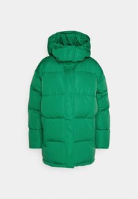 Grüne Puffjacke mit Kapuze, ausgestattet mit einem gesteppte Design, Frontverschluss und weiten Ärmeln. Hergestellt aus einem glatten, glänzenden Material.