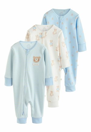 Drei Babystrampler aus weicher Baumwolle: einer blau gestreift, einer mit Bärenmotiv und einer einfarbig hellblau, alle mit Reißverschluss vorne und gerippten Bündchen.