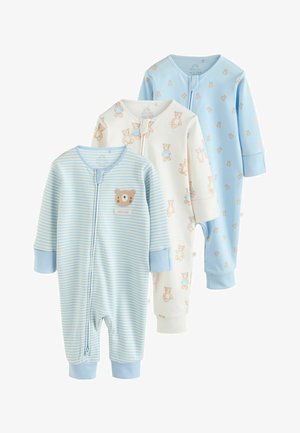 Drei Babystrampler aus weicher Baumwolle: einer blau gestreift, einer mit Bärenmotiv und einer einfarbig hellblau, alle mit Reißverschluss vorne und gerippten Bündchen.