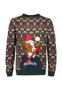 Sweter dziergany z reniferem w czerwonej czapce, białym pomponem i dzwoneczkiem. Zielono-czerwono-biała kolorystyka z festiwalowymi wzorami.