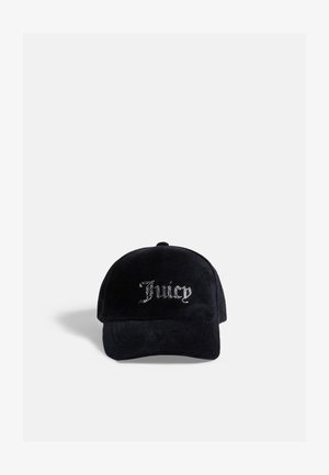 Zwarte fluwelen baseballcap met "Juicy" in strass op de voorkant, met een gebogen rand en een zachte textuur.