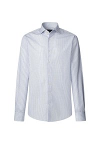 Camisa de botones en tejido azul claro con un patrón a cuadros, con mangas largas, cuello y botones beige. Textura suave, corte ajustado.