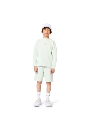 Ensemble sweat-shirt et short vert clair, avec une petite étiquette logo. Associé à des baskets blanches, des chaussettes blanches et une casquette blanche avec logo.