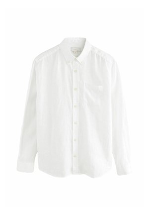 Camicia bianca a maniche lunghe in tessuto di lino, con colletto button-down, taschino frontale e bottoni chiari. Design semplice e classico.