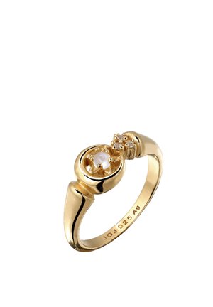 Goldener Ring mit kleinem Perlenmittelpunkt und floralem Cluster-Detail, innen im Ringband mit JG 925 Ag markiert.