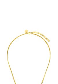 Collar de cadena dorada con un diseño de eslabones delicados, que presenta un cierre ajustable y una pequeña etiqueta circular. Textura metálica suave.