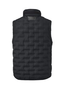 Schwarze Steppweste mit einem gequilteten Muster, hohem Kragen und einem Logotag auf der Rückseite. Verfügt über seitliche Taschen und eine glatte, matte Textur.