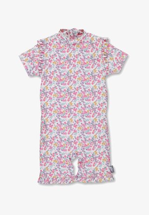 Blumenmuster-Overall aus weichem Material, mit kurzen Ärmeln, hohem Kragen und Rüschenakzenten an den Schultern und am Saum.