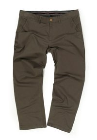 Brown cotton blend trousers with a stretch fit, featuring a single button closure and five-pocket design. Smooth texture and straight leg style.