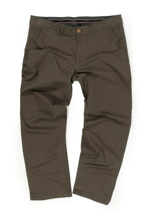 Pantalones de algodón marrón con mezcla y ajuste elástico, con cierre de un solo botón y diseño de cinco bolsillos. Textura suave y estilo de pierna recta.
