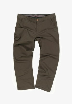 Pantaloni in cotone marrone con una vestibilità elasticizzata, caratterizzati da una chiusura con un singolo bottone e un design a cinque tasche. Tessuto liscio e stile a gamba dritta.