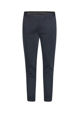 Pantalon tailleur gris foncé en tissu doux, doté d'une fermeture à bouton, passants de ceinture et jambes fuselées pour une apparence ajustée.