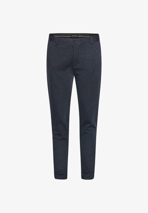 Dark gray tailored pants made from a soft fabric, featuring a button closure, belt loops, and tapered legs for a fitted appearance.