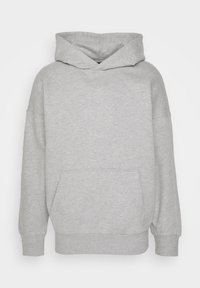 Grauer Sweatshirt mit Kapuze, langen Ärmeln und einer vorderen Kängurutasche. Hergestellt aus weichem Stoff mit gerippten Bündchen und Saum. Einfaches, ungeschmücktes Design.