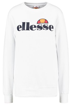 Sudadera blanca con un logo negro de "ellesse" y un acento colorido encima. Fabricada en un tejido suave, tiene mangas largas y puños acanalados.