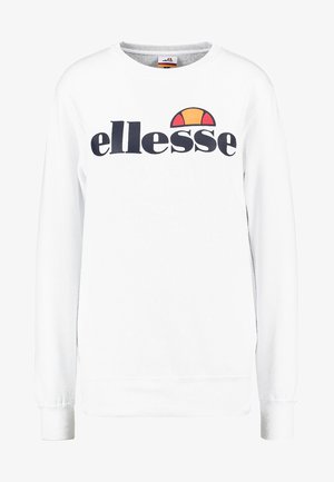 Sudadera blanca con un logo negro de "ellesse" y un acento colorido encima. Fabricada en un tejido suave, tiene mangas largas y puños acanalados.