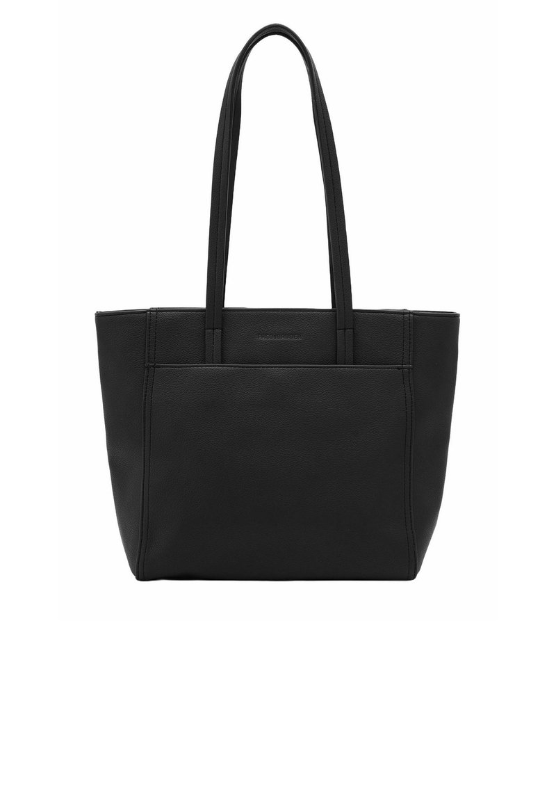 Sac tote en cuir noir avec deux longues anses, forme rectangulaire, surface texturée et logo discret sur le devant.