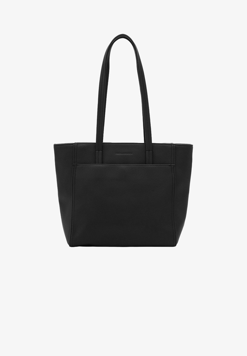 Sac tote en cuir noir avec deux longues anses, forme rectangulaire, surface texturée et logo discret sur le devant.