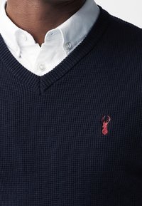 Tummansininen neulottu pusero V-aukkolla, jossa on teksturoitu kuvio ja pieni punainen kirjailtu hirvlogo vasemmalla puolella. Valkoinen nappikauluskaita näkyvissä.