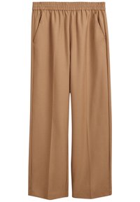Pantalones de pierna ancha marrones con una cinturilla elástica, dos bolsillos laterales y una textura de tejido suave. Sin patrones ni acentos visibles.