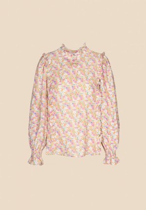 Florale blouse met lange mouwen en een gerimpelde kraag, met een pastel kleurenpalet, gathering mouwen, en een knoopsluiting aan de voorkant. Lichtgewicht stof.