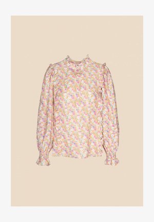 Florale blouse met lange mouwen en een gerimpelde kraag, met een pastel kleurenpalet, gathering mouwen, en een knoopsluiting aan de voorkant. Lichtgewicht stof.