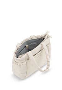 Sac à main matelassé couleur crème avec doubles poignées, ouverture supérieure montrant plusieurs compartiments intérieurs et une doublure gris clair.