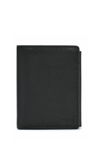 Czarny skórzany portfel z chropowatą fakturą, w formacie składanym na pół, z widocznymi szwami. Posiada wiele miejsc na karty oraz kieszonkę na monety.