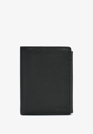 Czarny skórzany portfel z chropowatą fakturą, w formacie składanym na pół, z widocznymi szwami. Posiada wiele miejsc na karty oraz kieszonkę na monety.