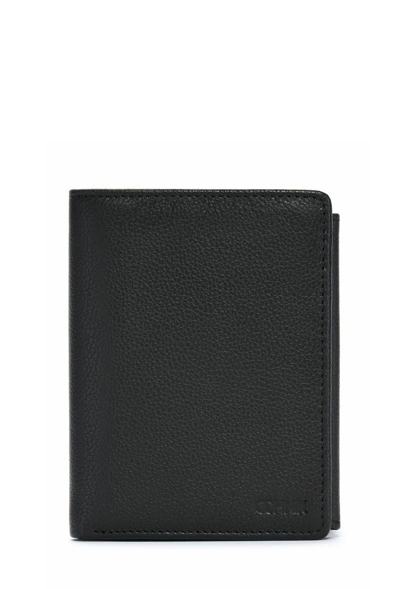 Czarny skórzany portfel z chropowatą fakturą, w formacie składanym na pół, z widocznymi szwami. Posiada wiele miejsc na karty oraz kieszonkę na monety.