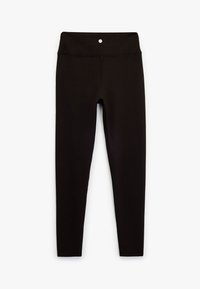 Zwarte sportleggings met een hoge tailleband, een gladde textuur en verstevigde stiksels; heeft een klein logo op de taille.