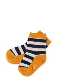 Baumwollsocken mit marineblauen und weißen Streifen, orangefarbenen Akzenten am oberen Rand und an der Zehe. Auf der Sohle befindet sich das Größenlabel "16/18".