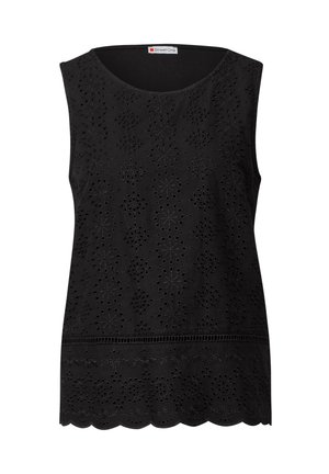 Top nero senza maniche con motivi floreali tagliati al laser, orlo scallop e scollatura rotonda. Realizzato in tessuto leggero.
