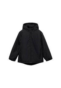 Veste à capuche noire en matériau synthétique. Présente une fermeture éclair à l'avant, des poches latérales et un ourlet légèrement courbé avec des poignets ajustables.