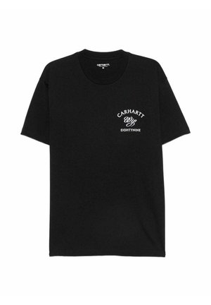Czarny T-shirt Carhartt z krótkim rękawem, z białym napisem "CARHARTT Wip EIGHTYNINE" na górnej lewej części klatki piersiowej, rozmiar średni.