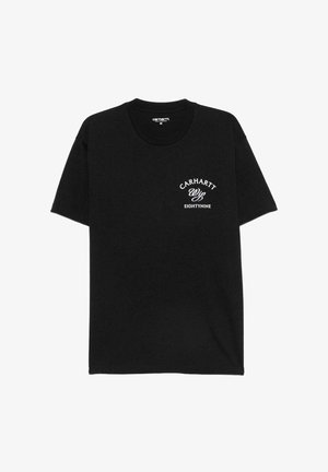 Czarny T-shirt Carhartt z krótkim rękawem, z białym napisem "CARHARTT Wip EIGHTYNINE" na górnej lewej części klatki piersiowej, rozmiar średni.