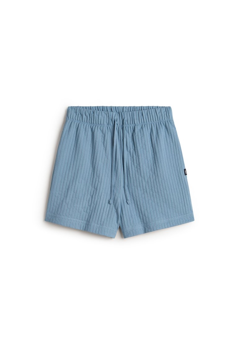 Light blue shorts with a ribbed texture, elastic waistband, and adjustable drawstring. Features a small tag on the side.